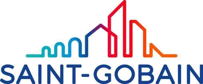 Logo firmy Saint-Gobain z kolorową sylwetką miasta.