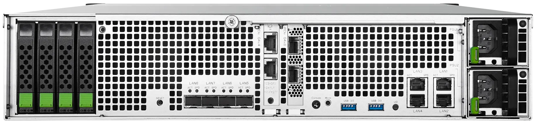 Serwer rack z dyskami SSD i portami sieciowymi.